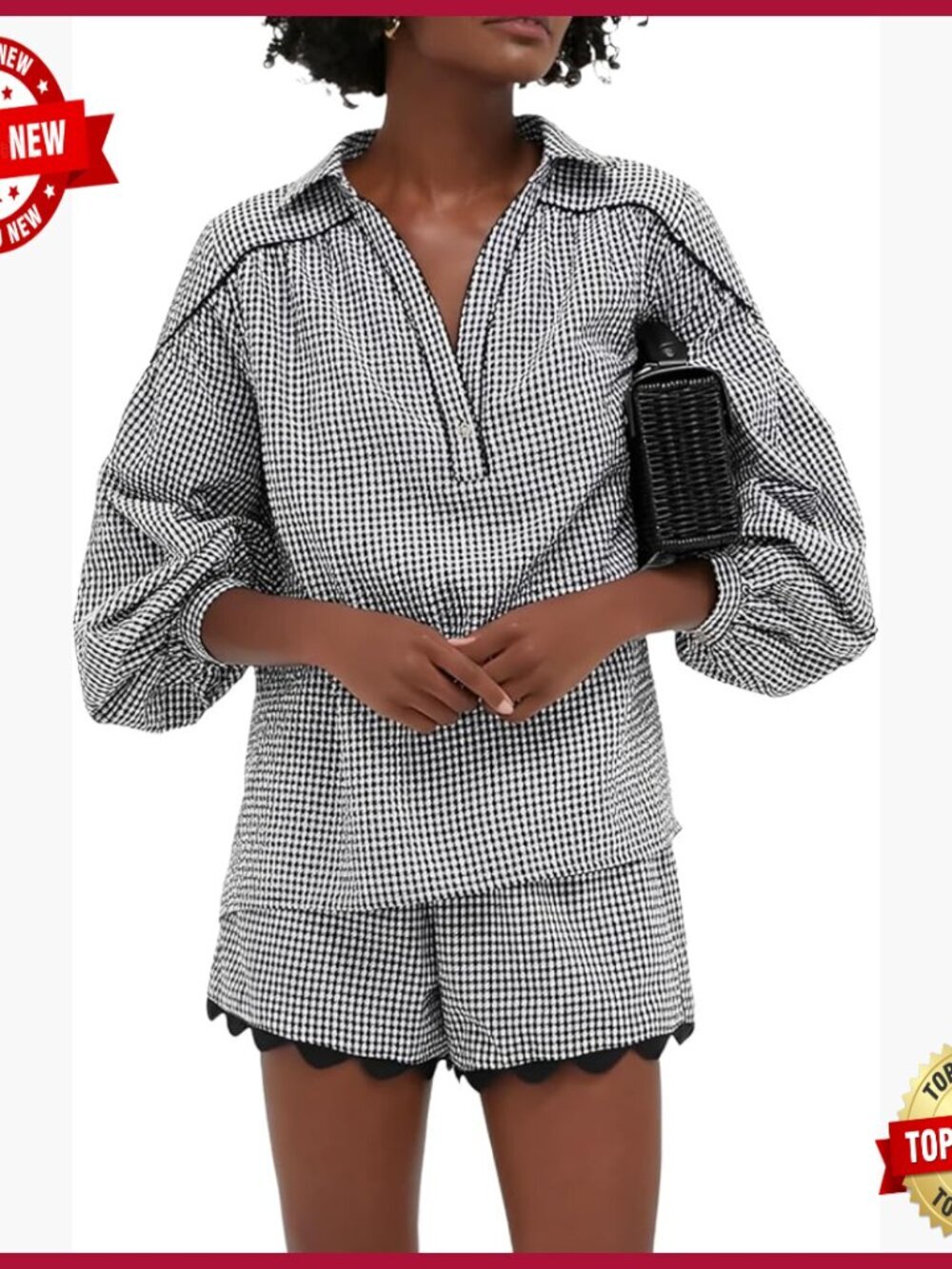 Linen Two Piece Set with Puff Sleeves and Scalloped Hem, Relaxed Fit